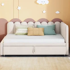 Lit Gigogne 90x200 cm - Lit Enfant Velours avec Rangement et Lit Extensible, 2-en-1 Multifonction, Sans Matelas, Beige