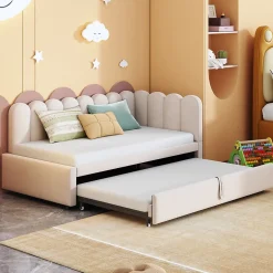 Lit Gigogne 90x200 cm - Lit Enfant Velours avec Rangement et Lit Extensible, 2-en-1 Multifonction, Sans Matelas, Beige