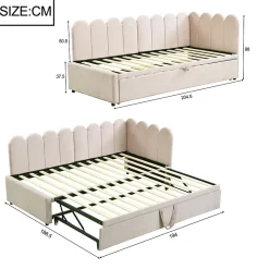 Lit Gigogne 90x200 cm - Lit Enfant Velours avec Rangement et Lit Extensible, 2-en-1 Multifonction, Sans Matelas, Beige