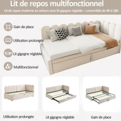 Lit Gigogne 90x200 cm - Lit Enfant Velours avec Rangement et Lit Extensible, 2-en-1 Multifonction, Sans Matelas, Beige