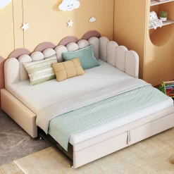 Lit Gigogne 90x200 cm - Lit Enfant Velours avec Rangement et Lit Extensible, 2-en-1 Multifonction, Sans Matelas, Beige