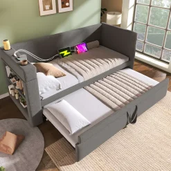 Lit Gigogne 90x190 cm - Lit Enfant avec Ports USB et Type-C, Porte-Gobelet, sans Matelas, Tissu Lin, Gris