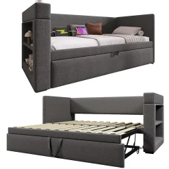 Lit Gigogne 90x190 cm - Lit Enfant avec Ports USB et Type-C, Porte-Gobelet, sans Matelas, Tissu Lin, Gris