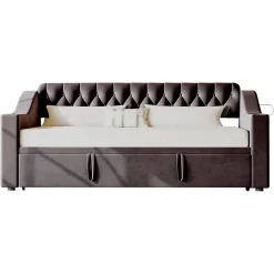 Lit Gigogne 90x190 cm - Lit Enfant en Velours avec Rangement et Port USB, Sommier à Lattes, Sans Matelas, Gris Foncé