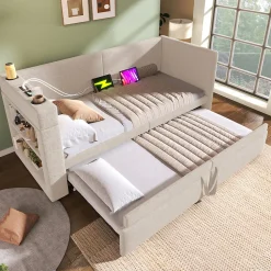 Lit Gigogne 90x200 cm - Lit Enfant avec Ports USB et Type-C, Porte-Gobelet, sans Matelas, Tissu Lin, Beige
