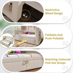 Lit Gigogne 90x200 cm - Lit Enfant avec Ports USB et Type-C, Porte-Gobelet, sans Matelas, Tissu Lin, Beige