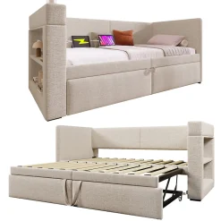 Lit Gigogne 90x200 cm - Lit Enfant avec Ports USB et Type-C, Porte-Gobelet, sans Matelas, Tissu Lin, Beige