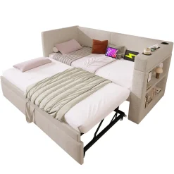 Lit Gigogne 90x200 cm - Lit Enfant avec Ports USB et Type-C, Porte-Gobelet, sans Matelas, Tissu Lin, Beige