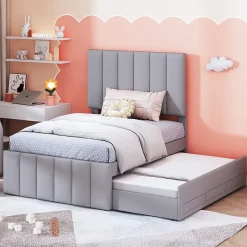 Lit Gigogne 90x200 cm - Lit enfant avec Tiroirs et Lit Gigogne, Revêtement en Lin, MDF et Métal - sans matelas - Gris