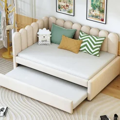 Lit Gigogne 140x200 cm - Lit Enfant Velours avec Rangement et Lit Extensible L-Forme, Sans Matelas, Beige