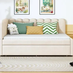 Lit Gigogne 140x200 cm - Lit Enfant Velours avec Rangement et Lit Extensible L-Forme, Sans Matelas, Beige