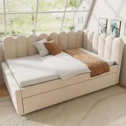 Lit Gigogne 140x200 cm - Lit Enfant Velours avec Rangement et Lit Extensible L-Forme, Sans Matelas, Beige