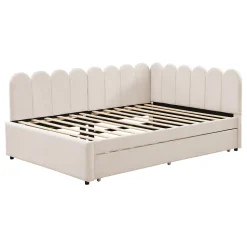 Lit Gigogne 140x200 cm - Lit Enfant Velours avec Rangement et Lit Extensible L-Forme, Sans Matelas, Beige