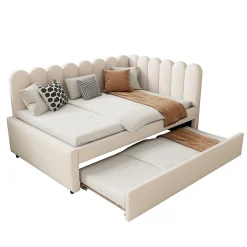 Lit Gigogne 140x200 cm - Lit Enfant Velours avec Rangement et Lit Extensible L-Forme, Sans Matelas, Beige