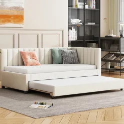 Lit Gigogne 90x200 cm - Lit enfant et d'Appoint avec Tiroir Intégré, Sommier À Lattes, Velours Beige