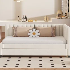 Lit Gigogne 90x200 cm - Lit enfant et d'Appoint avec Tiroir Intégré, Sommier À Lattes, Velours Beige