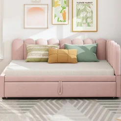 Lit Gigogne 90x200 cm - Lit Enfant Velours avec Rangement et Lit Extensible, 2-en-1 Multifonction, Sans Matelas, Rose