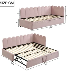 Lit Gigogne 90x200 cm - Lit Enfant Velours avec Rangement et Lit Extensible, 2-en-1 Multifonction, Sans Matelas, Rose