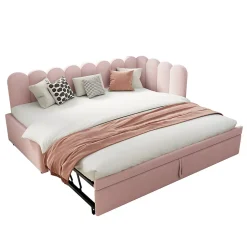 Lit Gigogne 90x200 cm - Lit Enfant Velours avec Rangement et Lit Extensible, 2-en-1 Multifonction, Sans Matelas, Rose