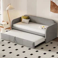 Lit gigogne 90/180x190 cm - Lit extensible avec tiroir de rangement - Tissu lin respirant gris clair