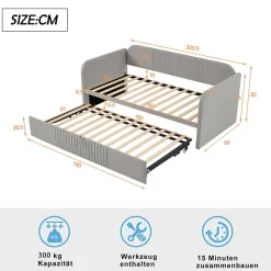 Lit gigogne 90/180x190 cm - Lit extensible avec tiroir de rangement - Tissu lin respirant gris clair