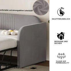 Lit gigogne 90/180x190 cm - Lit extensible avec tiroir de rangement - Tissu lin respirant gris clair