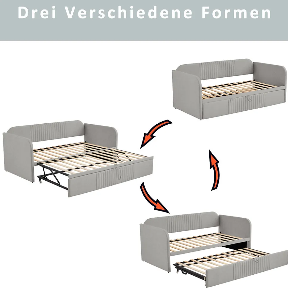 Lit gigogne 90/180x190 cm - Lit extensible avec tiroir de rangement - Tissu lin respirant gris clair