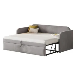 Lit gigogne 90/180x190 cm - Lit extensible avec tiroir de rangement - Tissu lin respirant gris clair