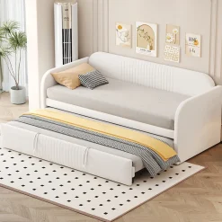 Lit gigogne 90/180x190 cm - Lit extensible avec sommier à lattes - Tissu lin respirant Beige, sans matelas