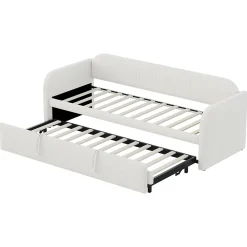 Lit gigogne 90/180x190 cm - Lit extensible avec sommier à lattes - Tissu lin respirant Beige, sans matelas