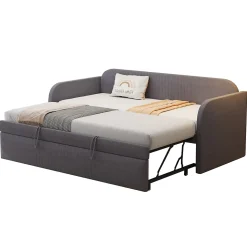 Lit gigogne 90/180x190 cm - Lit extensible avec tiroir et sommier à lattes - Tissu lin respirant Gris