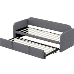 Lit gigogne 90/180x190 cm - Lit extensible avec tiroir et sommier à lattes - Tissu lin respirant Gris