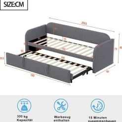 Lit gigogne 90/180x190 cm - Lit extensible avec tiroir et sommier à lattes - Tissu lin respirant Gris
