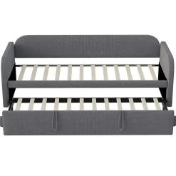 Lit gigogne 90/180x190 cm - Lit extensible avec tiroir et sommier à lattes - Tissu lin respirant Gris