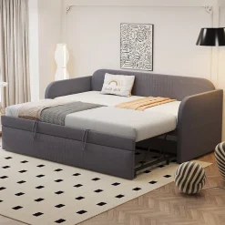 Lit gigogne 90/180x190 cm - Lit extensible avec tiroir et sommier à lattes - Tissu lin respirant Gris