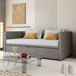 Lit Gigogne 90/180x200 cm - Lit Multifonction avec Sommier À Lattes, Convertible en deux Lits, Sans Matelas - Gris