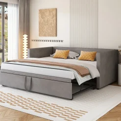 Lit Gigogne 90/180x200 cm - Lit Multifonction avec Sommier À Lattes, Convertible en deux Lits, Sans Matelas - Gris