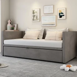 Lit Gigogne 90/180x200 cm - Lit Multifonction avec Sommier À Lattes, Convertible en deux Lits, Sans Matelas - Gris
