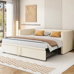 Lit Gigogne 90/180x200 cm - Lit Multifonction avec Sommier À Lattes, Sans Matelas, Velours Doux - Beige