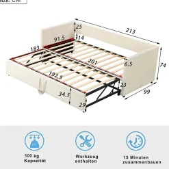 Lit Gigogne 90/180x200 cm - Lit Multifonction avec Sommier À Lattes, Sans Matelas, Velours Doux - Beige