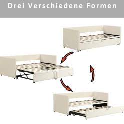 Lit Gigogne 90/180x200 cm - Lit Multifonction avec Sommier À Lattes, Sans Matelas, Velours Doux - Beige