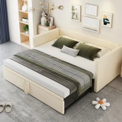 Lit Gigogne 90/180x200 cm - Lit Multifonction avec Sommier À Lattes, Sans Matelas, Velours Doux - Beige