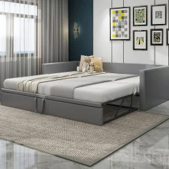 Lit Gigogne 90/180x200 cm - Lit Multifonction avec Sommier À Lattes, Sans Matelas, en Velours Doux, Gris