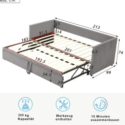 Lit Gigogne 90/180x200 cm - Lit Multifonction avec Sommier À Lattes, Sans Matelas, en Velours Doux, Gris
