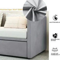 Lit Gigogne 90/180x200 cm - Lit Multifonction avec Sommier À Lattes, Sans Matelas, en Velours Doux, Gris