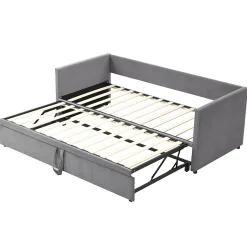 Lit Gigogne 90/180x200 cm - Lit Multifonction avec Sommier À Lattes, Sans Matelas, en Velours Doux, Gris