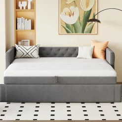 Lit Gigogne 90x200 cm - Lit Multifonction avec Sommier À Lattes, Convertible pour Chambre d'Amis, en Velours Gris, Sans Matelas