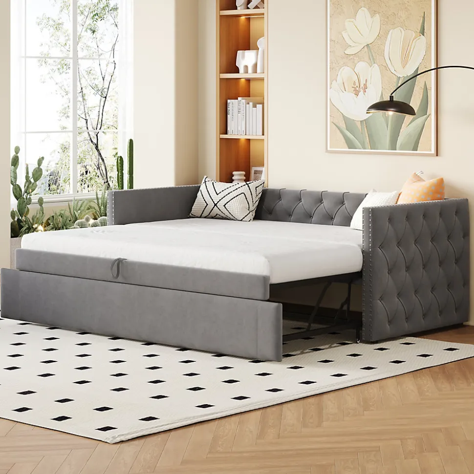 Lit Gigogne 90x200 cm - Lit Multifonction avec Sommier À Lattes, Convertible pour Chambre d'Amis, en Velours Gris, Sans Matelas