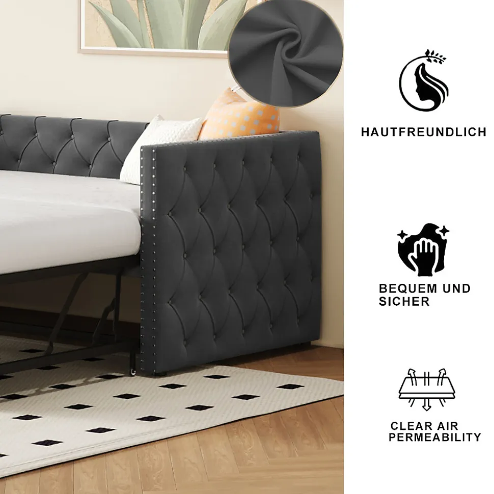 Lit Gigogne 90x200 cm - Lit Multifonction avec Sommier À Lattes, Convertible pour Chambre d'Amis, en Velours Gris, Sans Matelas