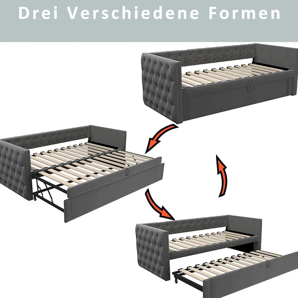 Lit Gigogne 90x200 cm - Lit Multifonction avec Sommier À Lattes, Convertible pour Chambre d'Amis, en Velours Gris, Sans Matelas